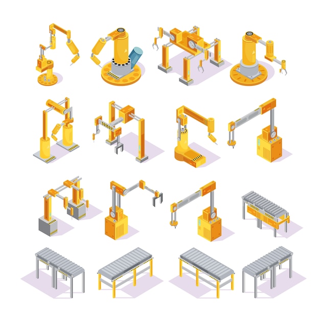 Ensemble isométrique de machines de transport gris jaune avec main robotique pour soudure ou emballage illustration vectorielle isolé Vecteur gratuit