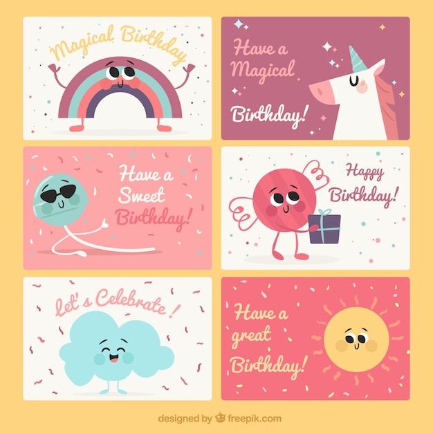 Vecteur Gratuite Ensemble De Jolies Cartes D Anniversaire Avec De Beaux Personnages