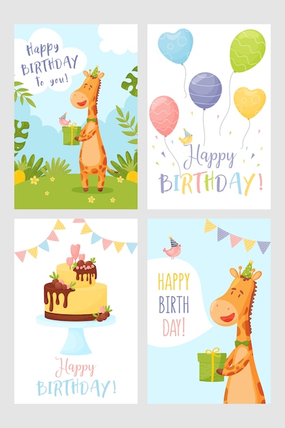 Ensemble De Joyeux Anniversaire Carte De Voeux Girafe Gateau Et Ballons Vecteur Premium