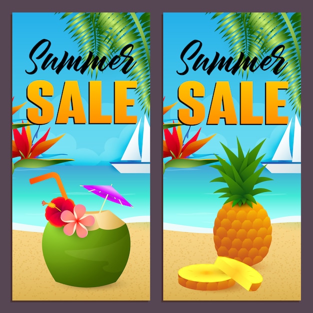 Ensemble de lettrages de vente d'été, boisson à la noix de coco et ananas sur la plage Vecteur gratuit