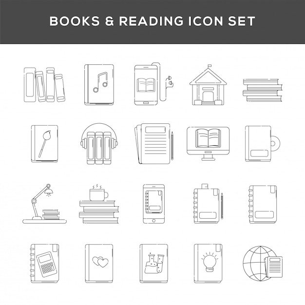 Ensemble de livres et icône de lecture en dessin au trait. Vecteur Premium