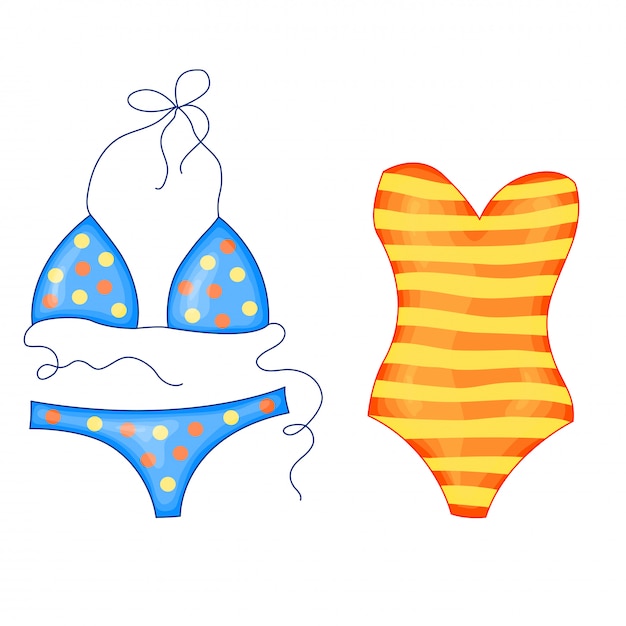 Ensemble de maillot de bain de plage rayé orange vif orange jaune et bleu Vecteur Premium