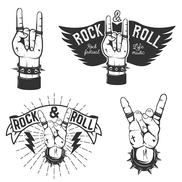 Ensemble Des Mains Humaines Avec Symbole Rock And Roll Festival Rock And Roll Elements De Conception Pour Affiche Embleme Vecteur Premium