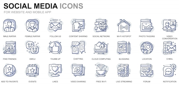 Ensemble de médias sociaux et d'icônes de lignes de réseau simples pour les sites web et les applications mobiles Vecteur Premium