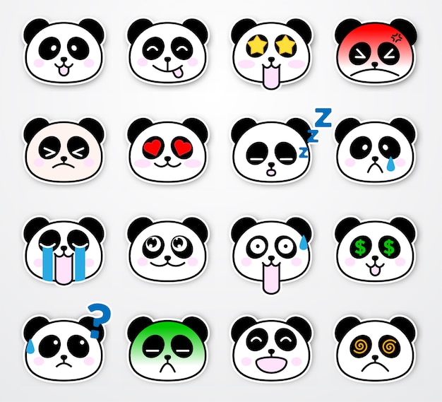 Ensemble de modèle d'autocollant panda émotion mignon et drôle Vecteur Premium