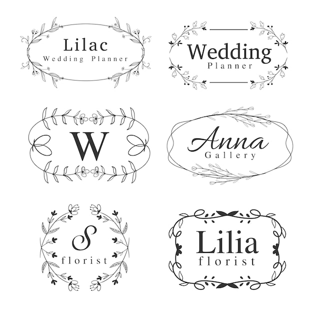 Ensemble de modèle de logos de fleurs avec tourbillon dessinée à la main, cadre de bordure et verdure pour mariage Vecteur Premium