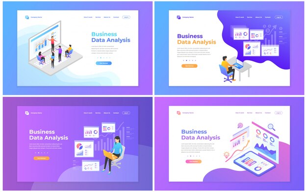 Ensemble de modèles de conception de pages web pour l'analyse de données, le marketing numérique, le travail d'équipe, la stratégie commerciale et l'analyse. Vecteur Premium