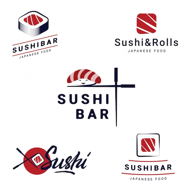 Ensemble de modèles de logos sushi bar. objets vectoriels et icônes pour les restaurants de cuisine japonaise Vecteur Premium