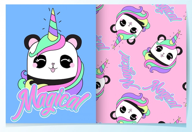 Ensemble de modèles de panda mignon dessinés à la main Vecteur Premium