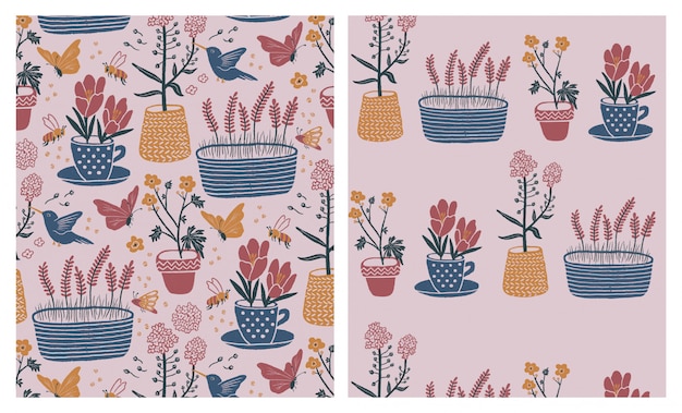 Ensemble de modèles sans couture de jardin intérieur Vecteur Premium