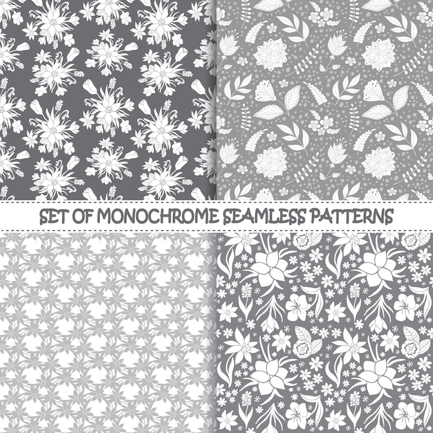 Ensemble de modèles vectoriels monochromes sans soudure. modèles floraux. modèles vectoriels sans soudure monochromes. Vecteur Premium