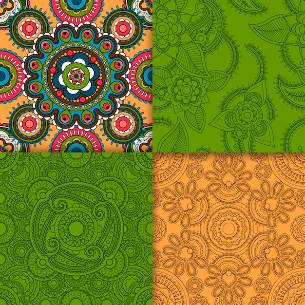 Ensemble motif indien beige et vert Vecteur Premium