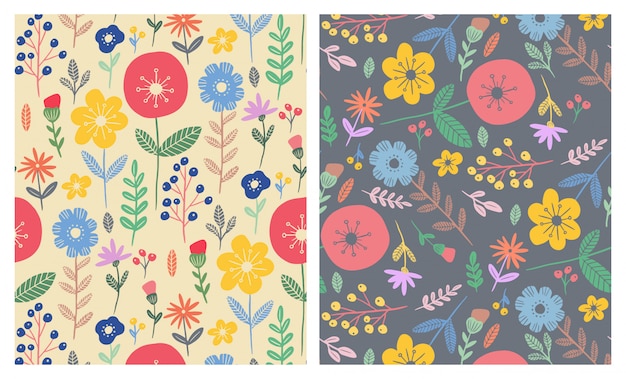 Ensemble de motifs sans soudure de fleurs plates colorées Vecteur Premium