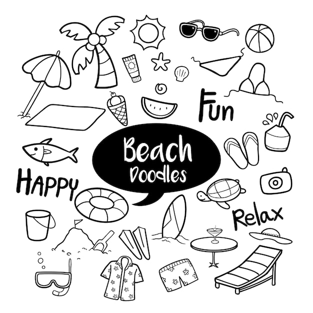 Ensemble d'objets de plage dans des gribouillis dessinés à la main Vecteur Premium