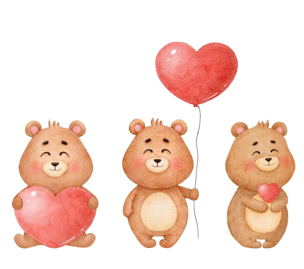 Ensemble D Ours Amoureux Illustrations A L Aquarelle Pour La Saint Valentin Vecteur Premium