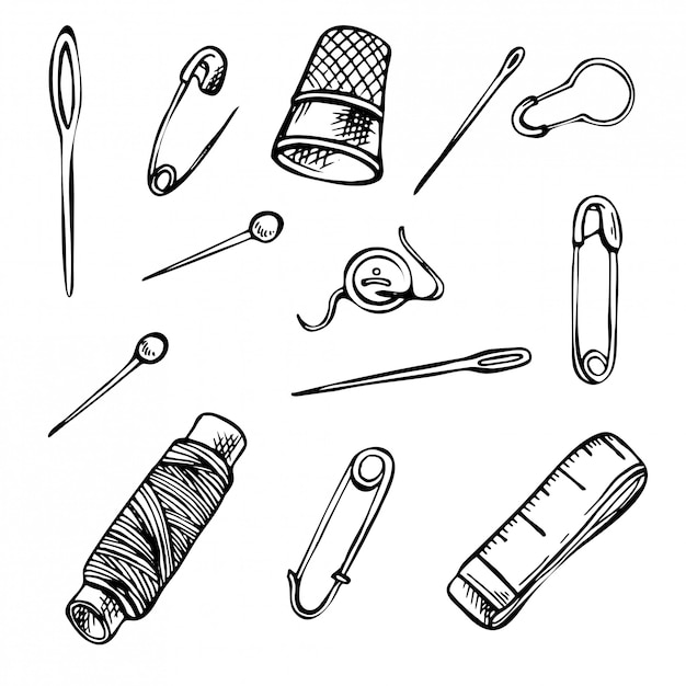 Ensemble D'outils De Couture De Croquis. Ensemble D'illustrations D'encre Dessinés à La Main. Vecteur Premium