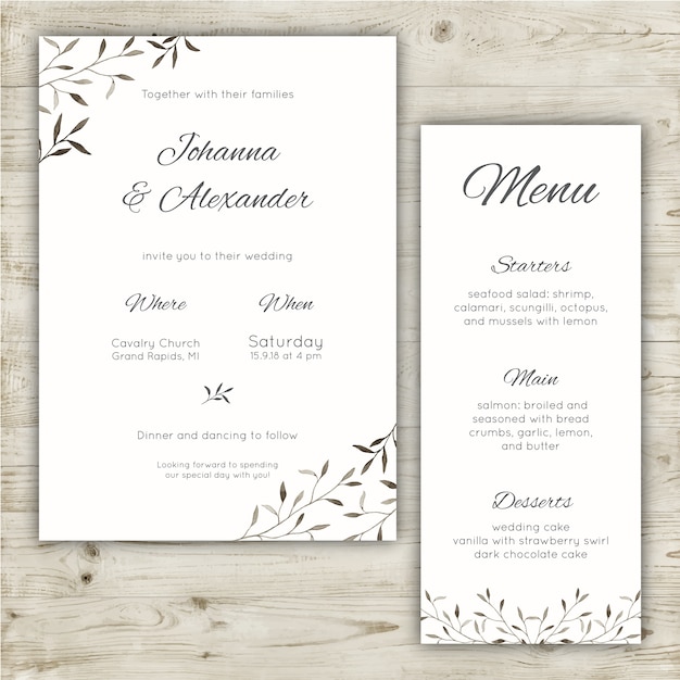 Ensemble de papeterie de mariage minimaliste d'une invitation et d'un menu Vecteur gratuit