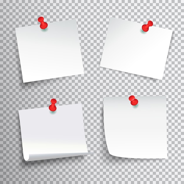 Ensemble de papier blanc vierge épinglé avec des punaises rouges sur fond transparent réaliste illustration vectorielle isolé Vecteur gratuit