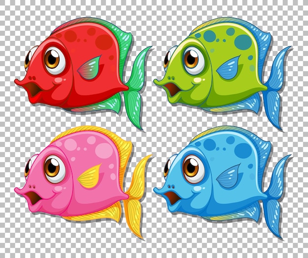 Ensemble De Personnage De Dessin Anime De Poissons Exotiques De Couleur Differente Sur Fond Transparent Vecteur Gratuite