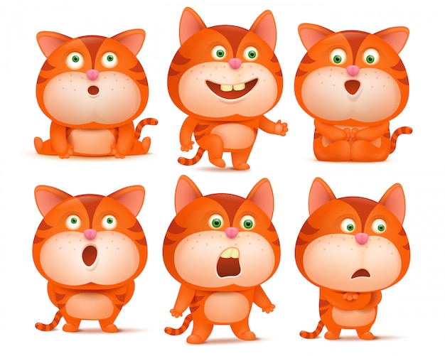 Ensemble De Personnages De Dessins Animes Chat Orange Mignons Dans Diverses Poses Vecteur Premium