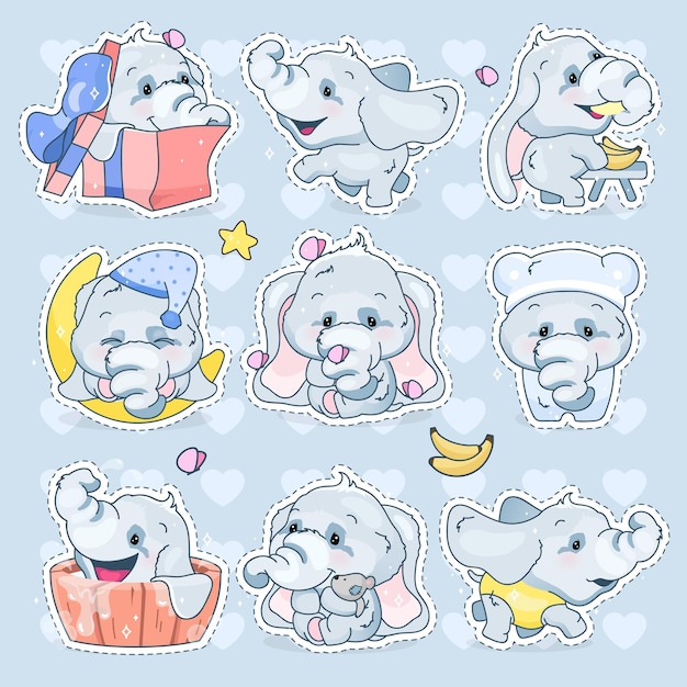 Ensemble De Personnages De Dessins Animes Kawaii D Elephants Mignons Adorable Et Drole Animal Differentes Poses Et Emotions Autocollant Isole Patch Anime Bebe Garcon Elephants Emoji Sur Fond Bleu Vecteur Premium