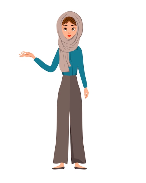 Ensemble de personnages féminins. la fille pointe la main droite sur le côté Vecteur Premium