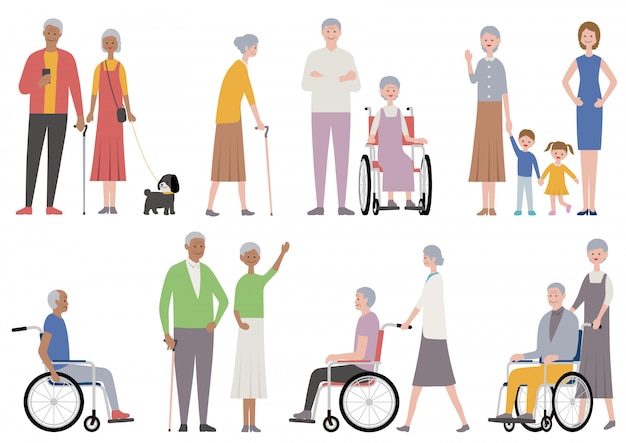 Ensemble de personnes âgées isolées. illustration vectorielle dans un style plat. Vecteur Premium