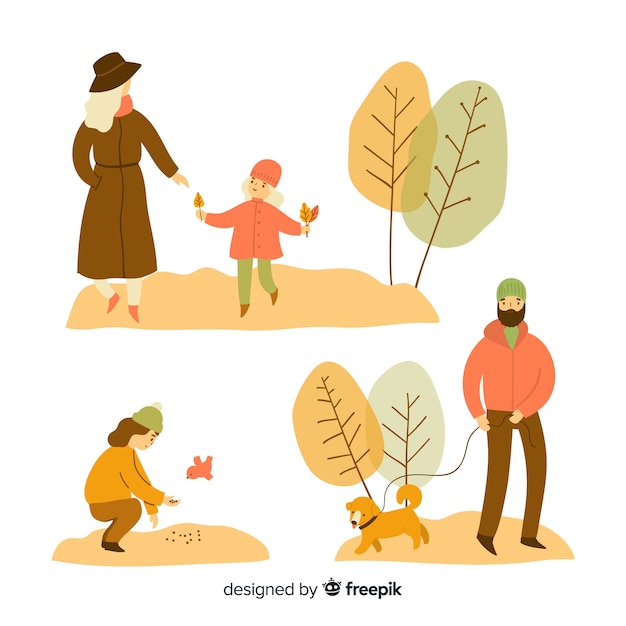 Ensemble de personnes dans le parc en automne Vecteur gratuit