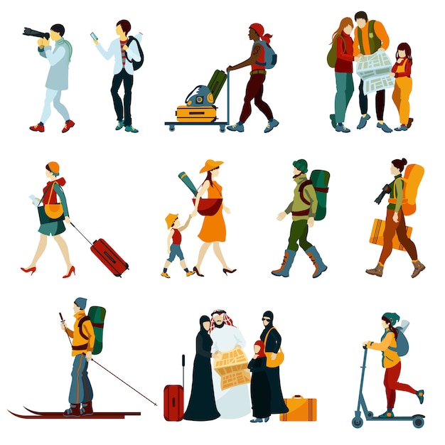 Ensemble de personnes touristiques Vecteur gratuit