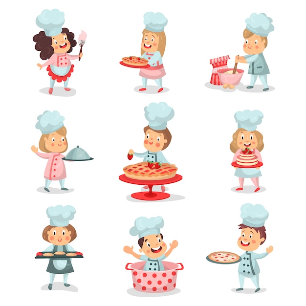 Ensemble De Petit Chef Cuisinier Enfants Personnages De Dessins Animes Cuisson Des Aliments Et Cuisson Illustrations Colorees Detaillees Vecteur Premium