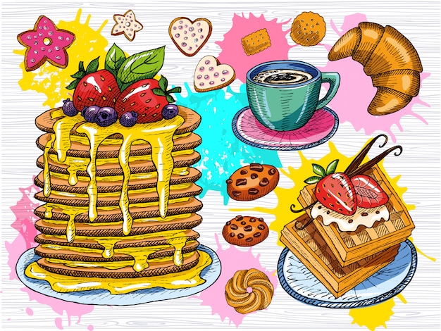 Ensemble De Petit Dejeuner Sucre Colore Crepes Crepes Gaufre Tasse De Cafe Biscuits Fraise Chocolat Desserts Batonnets De Vanille Croissant Style De Croquis Eclaboussure De Couleur Dessine A La Main Vecteur Premium