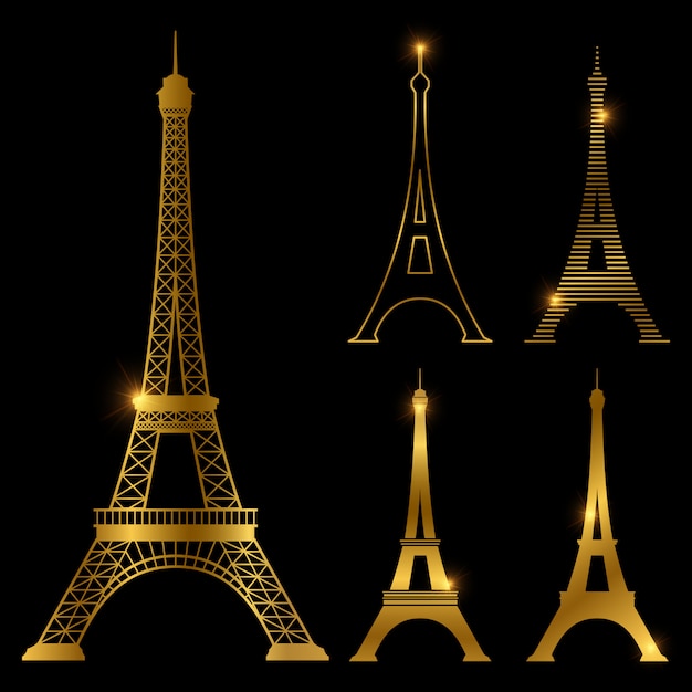 Ensemble de point de repère différent vecteur tour eiffel doré. paris Vecteur Premium
