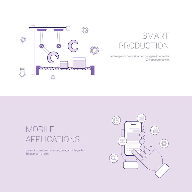 Ensemble de production intelligente et application mobile bannières arrière-plan du modèle business concept avec espace de copie Vecteur Premium