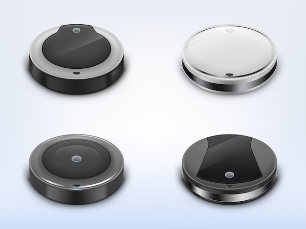 Ensemble réaliste avec aspirateurs robotiques, robots ronds intelligents utilisant pour le ménage Vecteur gratuit