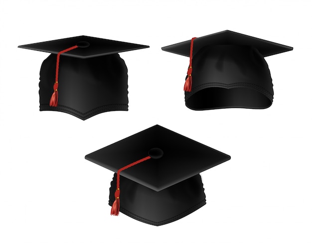 Ensemble réaliste de bonnets de graduation noirs avec des glands rouges, vue de divers côtés Vecteur gratuit