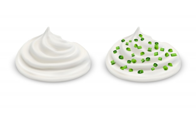 Ensemble réaliste de deux poignées de crème sure blanche, yogourt, sauce tartare, fromage à pâte molle Vecteur gratuit