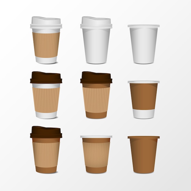 Ensemble réaliste de tasse à café papier blanc isolé sur fond blanc. Vecteur Premium