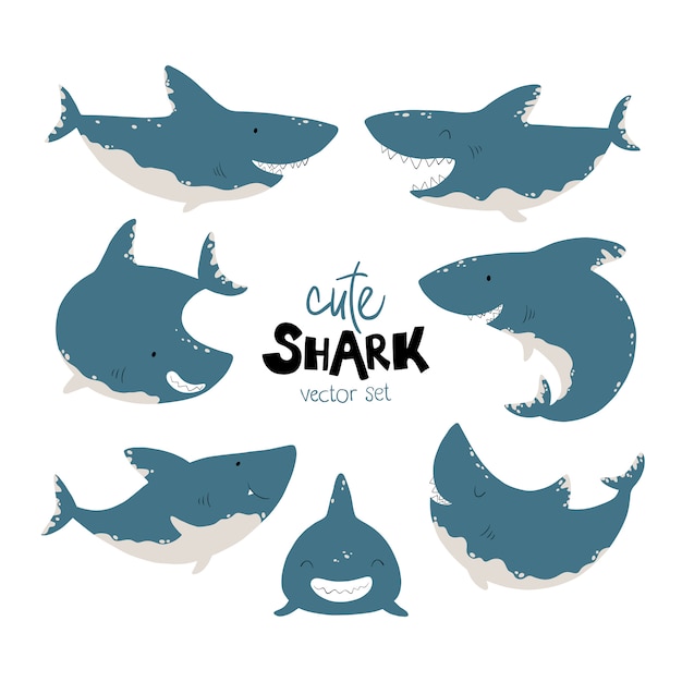 Ensemble De Requins Illustrations De Poissons Droles Dans Un Style Scandinave De Dessin Anime Simple Personnages Dans Des Poses Differentes Emotions La Palette De Couleurs Limitee Est Ideale Pour L Impression Vecteur