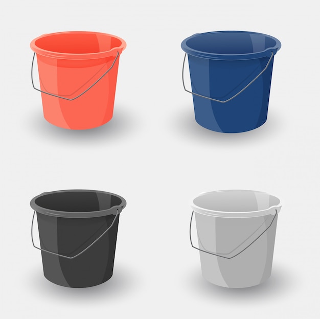 Ensemble De Seau Colore Seau En Plastique Pour Le Jardin La Maison Le Nettoyage Et L Eau Vecteur Premium