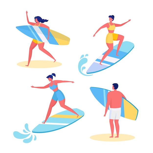 Ensemble De Surfeur Drole En Maillot De Bain Surf En Mer Ocean Des Gens Heureux En Tenue De Plage Avec Planche De Surf Isole Sur Fond Blanc Conception De Bande Dessinee