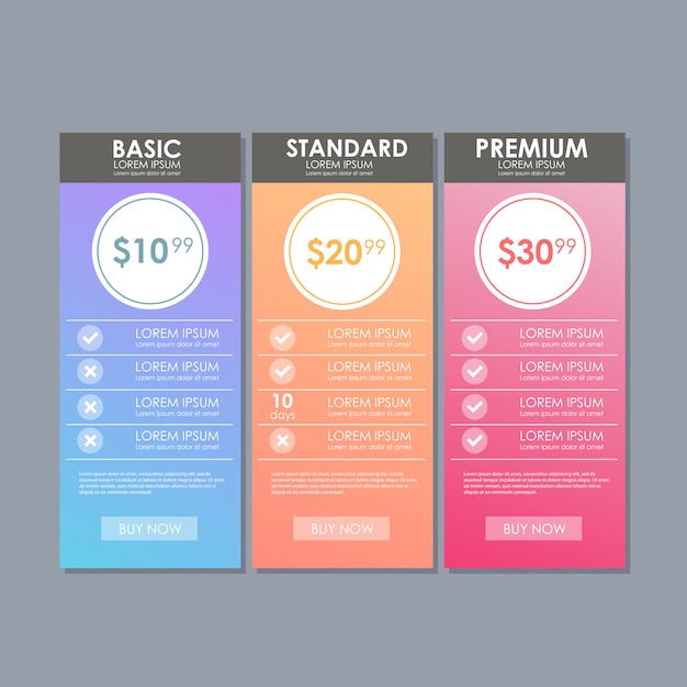 Ensemble de tarifs d'offre. bannière ux ux pour application web. ensemble de tableau de prix. Vecteur Premium