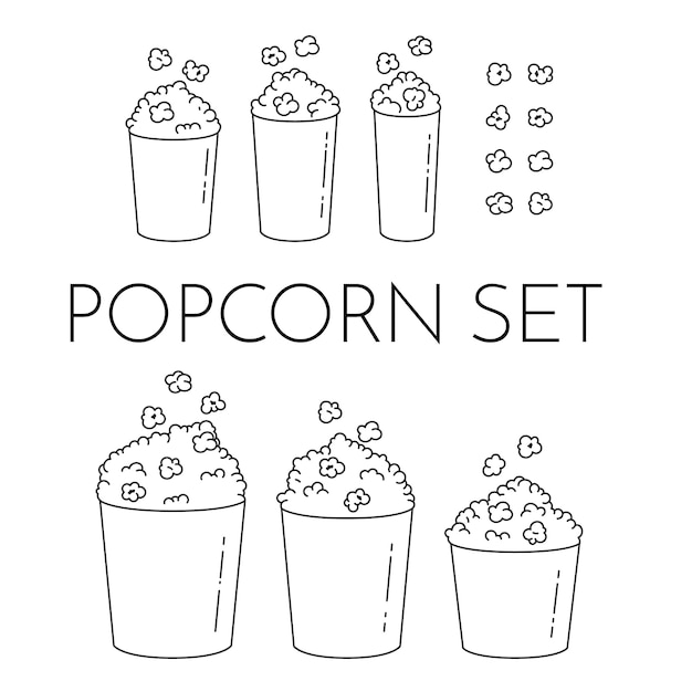 Ensemble de tasses avec maïs éclaté et les noyaux volant dans le seau. différentes tailles de boîtes de pop-corn isolés sur fond blanc. style d'art au trait moderne. illustration vectorielle noir et blanc éléments de contour Vecteur Premium