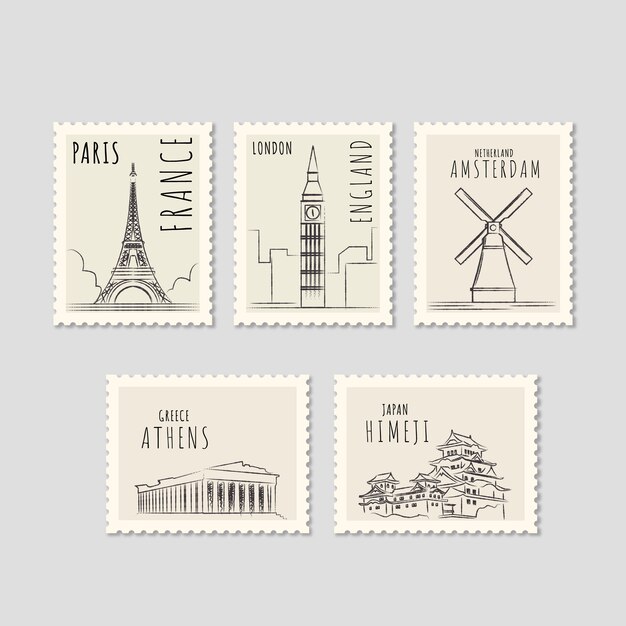Ensemble de timbres de point de repère avec différentes villes dans le style dessiné à la main Vecteur gratuit