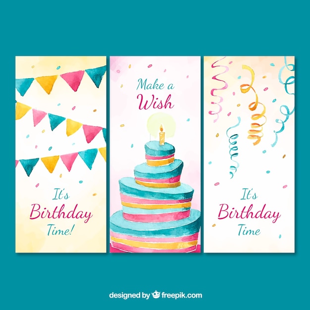 Ensemble De Trois Cartes D Anniversaire Aquarelle Vecteur Gratuite