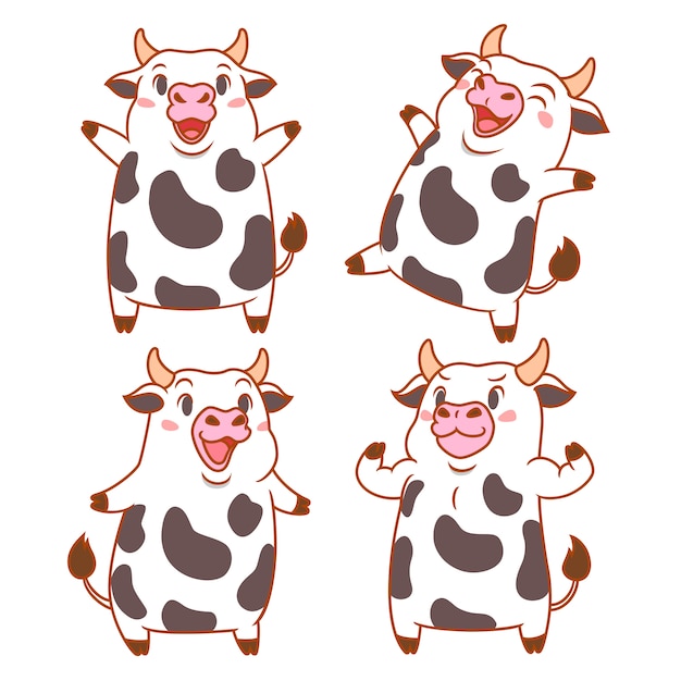 Ensemble De Vaches Dessin Animé Mignon Dans Des Poses Différentes Vecteur Premium 