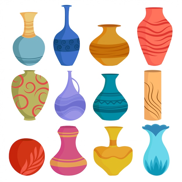 Ensemble De Vases En Ceramique De Dessin Anime Objets De Vase En Ceramique Coloree Tasses De Poterie Antiques Vecteur Premium