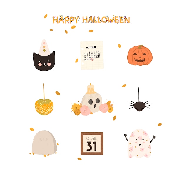 Ensemble de vecteur d'éléments de conception happy halloween dessinés à la main Vecteur Premium
