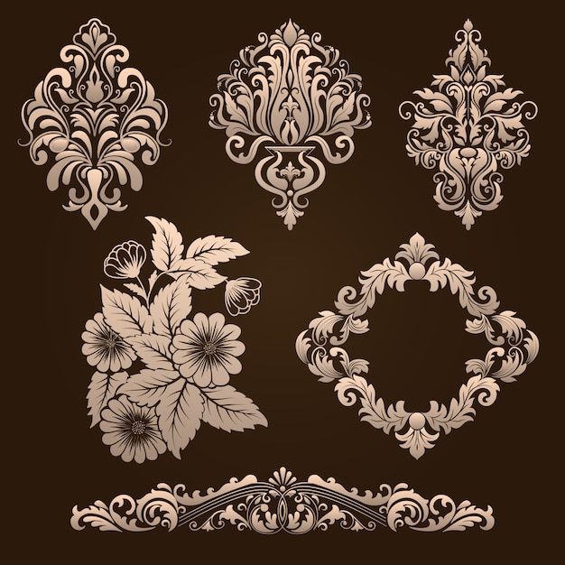 Ensemble vectoriel d'éléments décoratifs damassés. éléments abstraits floraux élégants pour le design. parfait pour les invitations, les cartes, etc. Vecteur gratuit