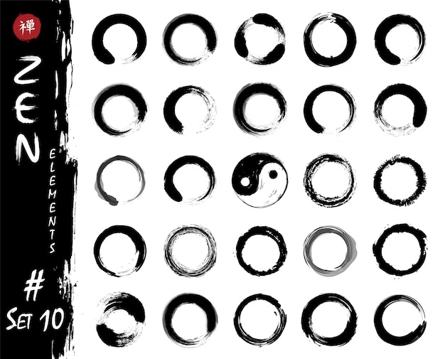 Enso zen circle set elements. encre aquarelle grungy modèle de peinture. Vecteur Premium