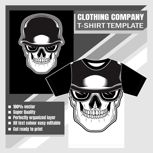 Entreprise de vêtements, modèle de t-shirt, dessin de la main du crâne Vecteur Premium